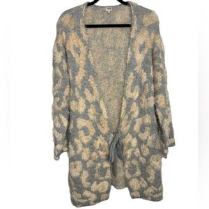 Uniq Women’s Fuzy Leopard Print Tie Front Long Cardigan Sweater Size S/M